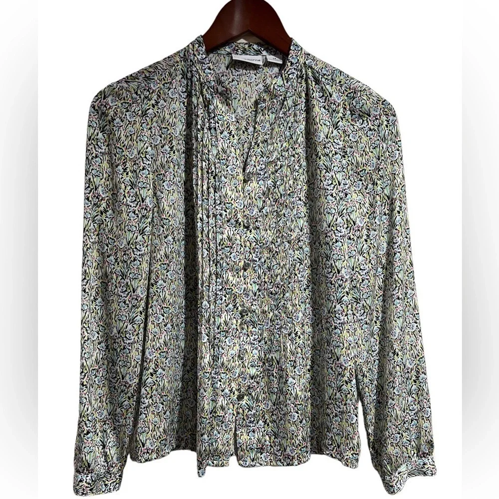 LIZ CLAIBORNE PETITE SMALL FLORAL V NOTCHED NECKLINE LONG SLEEVE BLOUSE - Picture 4 of 5